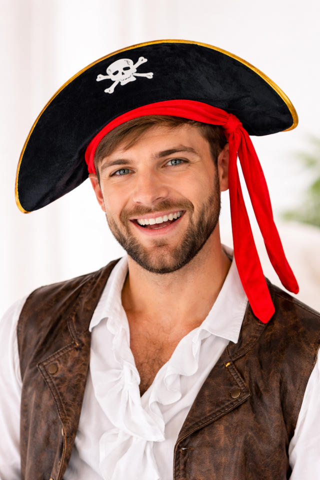 Parti Malzemesi Korsan Şapka Kırmızı Bağcıklı Siyah Altın Detaylı  Yetişkin Parti Şapkası