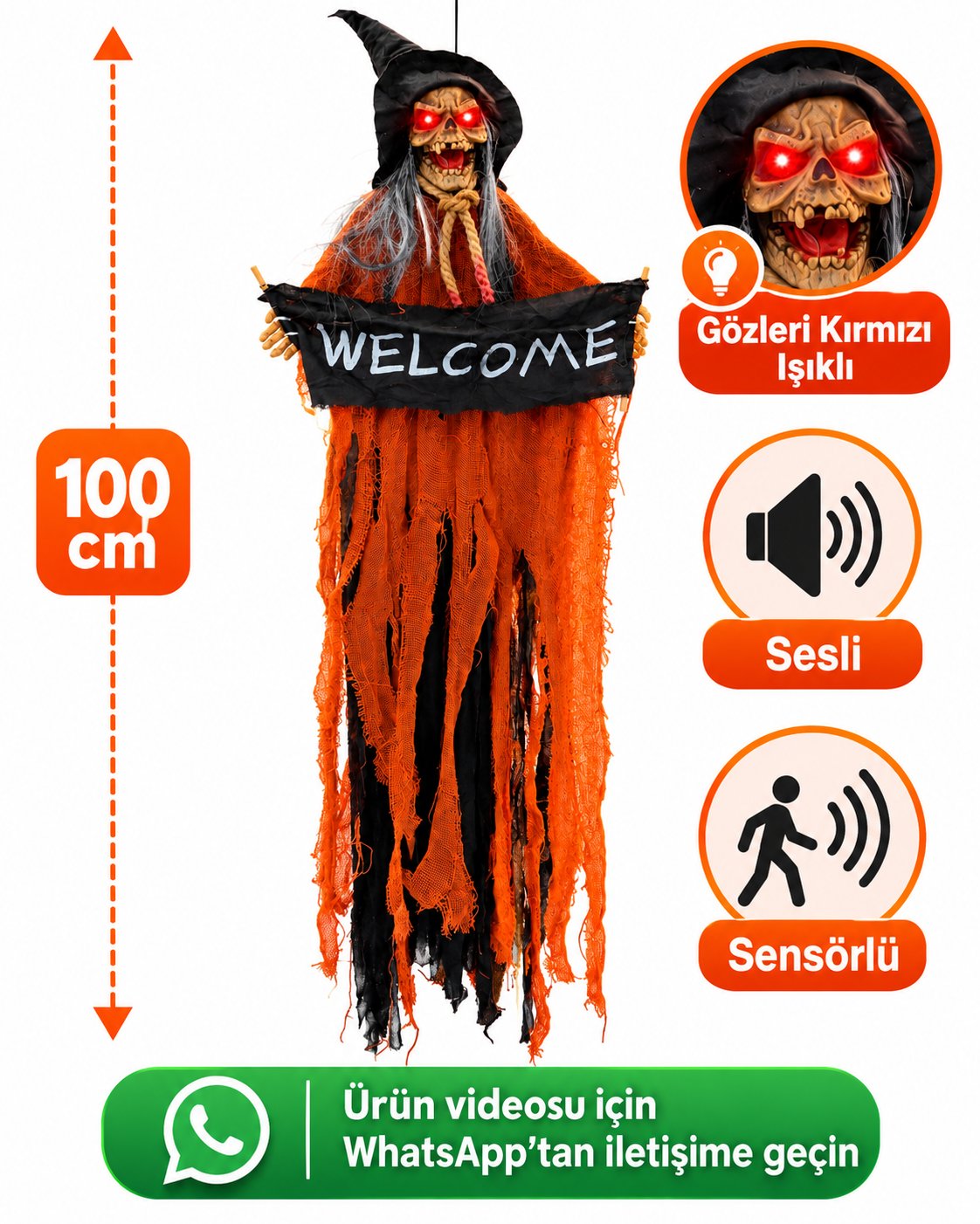 Parti Malzemeleri 100 cm Sensörlü Sesli Işıklı Welcome Cadı Halloween Dekoru – Kırmızı Işıklı Gözlü Asılabilir Korku Süsü