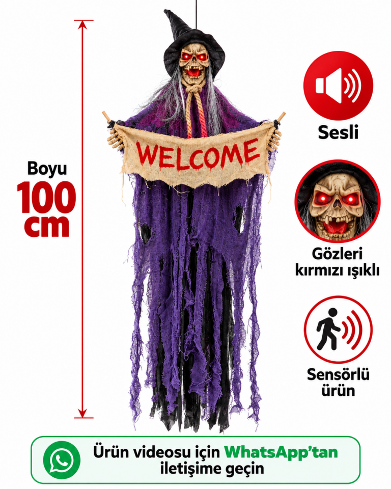 Parti Malzemeleri 100 cm Sensörlü Sesli Işıklı Welcome Cadı Halloween Dekoru – Kırmızı Işıklı Gözlü Asılabilir Korku Süsü