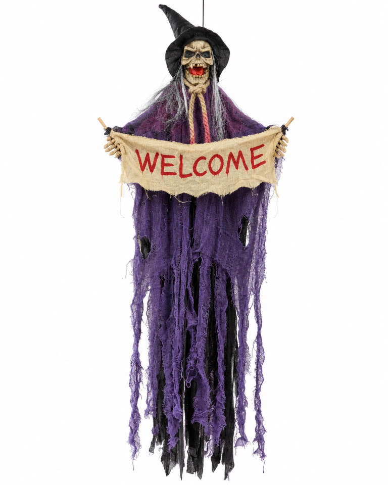 Parti Malzemeleri 100 cm Sensörlü Sesli Işıklı Welcome Cadı Halloween Dekoru – Kırmızı Işıklı Gözlü Asılabilir Korku Süsü Mor