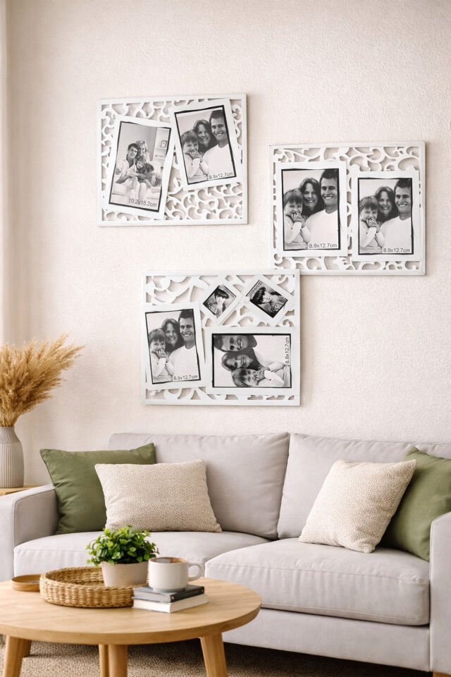 3’lü GRİ Dekoratif Duvar Fotoğraf Çerçevesi Seti – Yapışkanlı Modern Çerçeve