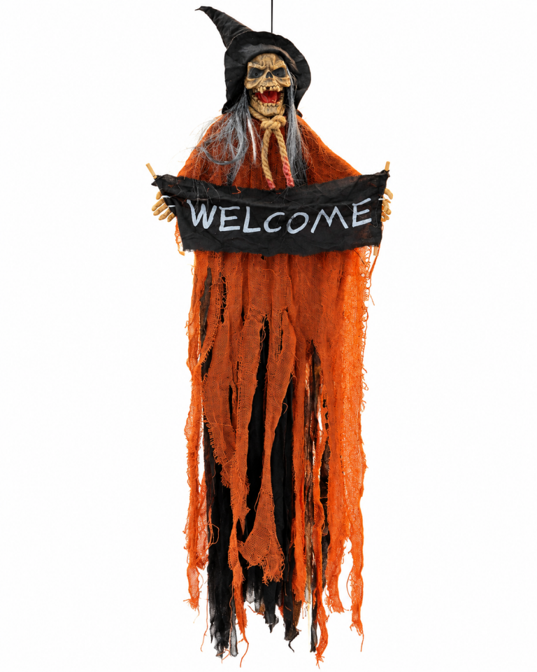 Parti Malzemeleri 100 cm Sensörlü Sesli Işıklı Welcome Cadı Halloween Dekoru – Kırmızı Işıklı Gözlü Asılabilir Korku Süsü Turuncu