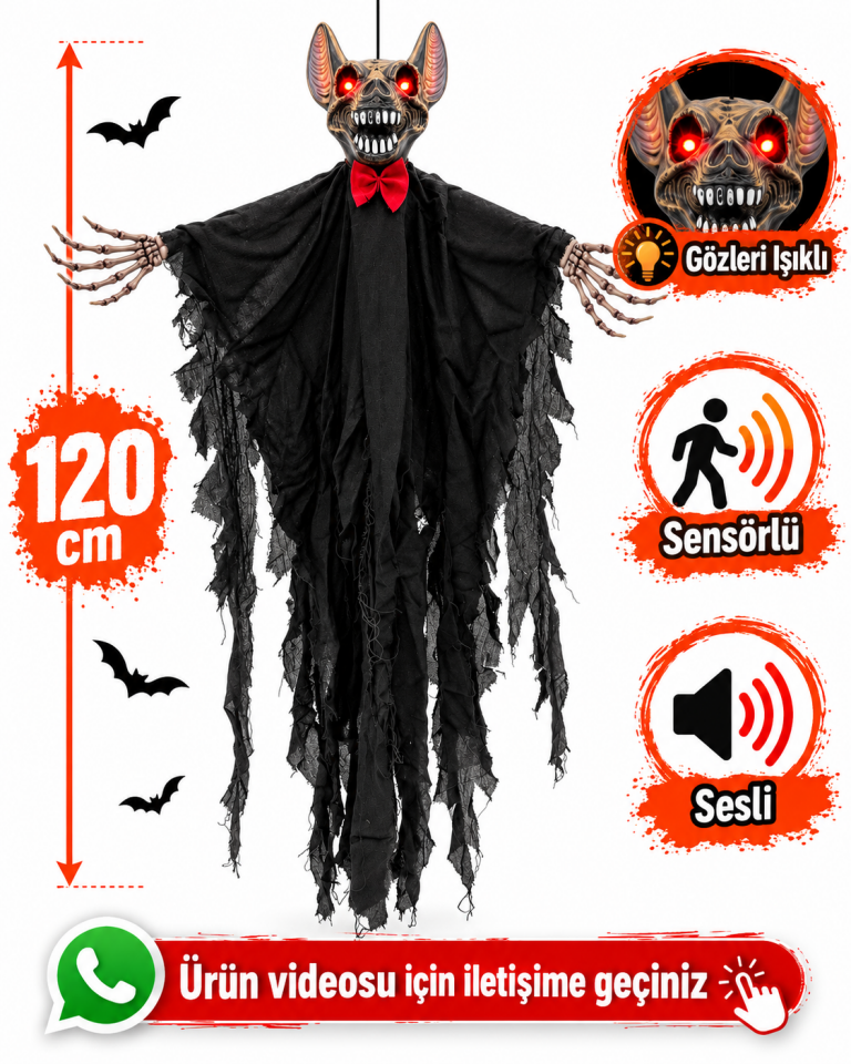 Parti Malzemesi 120 cm Sensörlü Sesli Işıklı Halloween Yarasa İskelet Dekoru – Asılabilir Korku Süsü