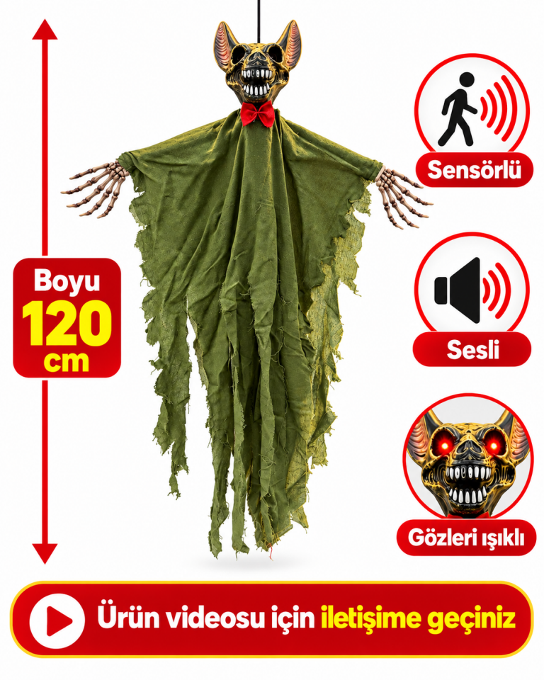 Parti Malzemesi 120 cm Sensörlü Sesli Işıklı Halloween Yarasa İskelet Dekoru – Asılabilir Korku Süsü Yeşil