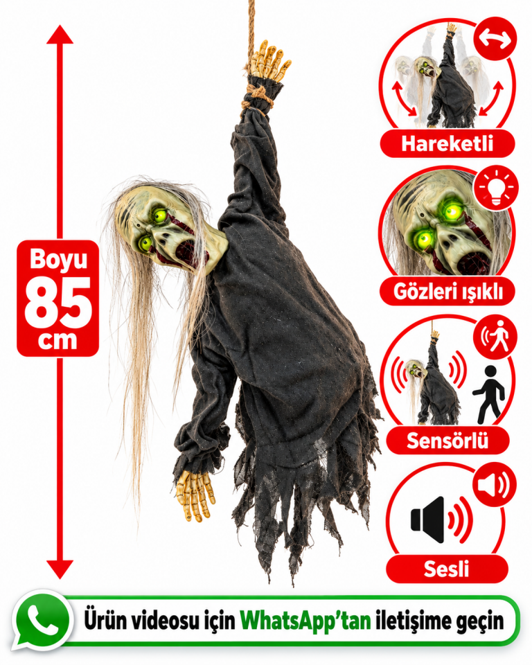 Parti Malzemesi 85 cm Hareketli Sensörlü Sesli Işıklı Tek Koldan Asılı Halloween Asılabilir Korku Figürü