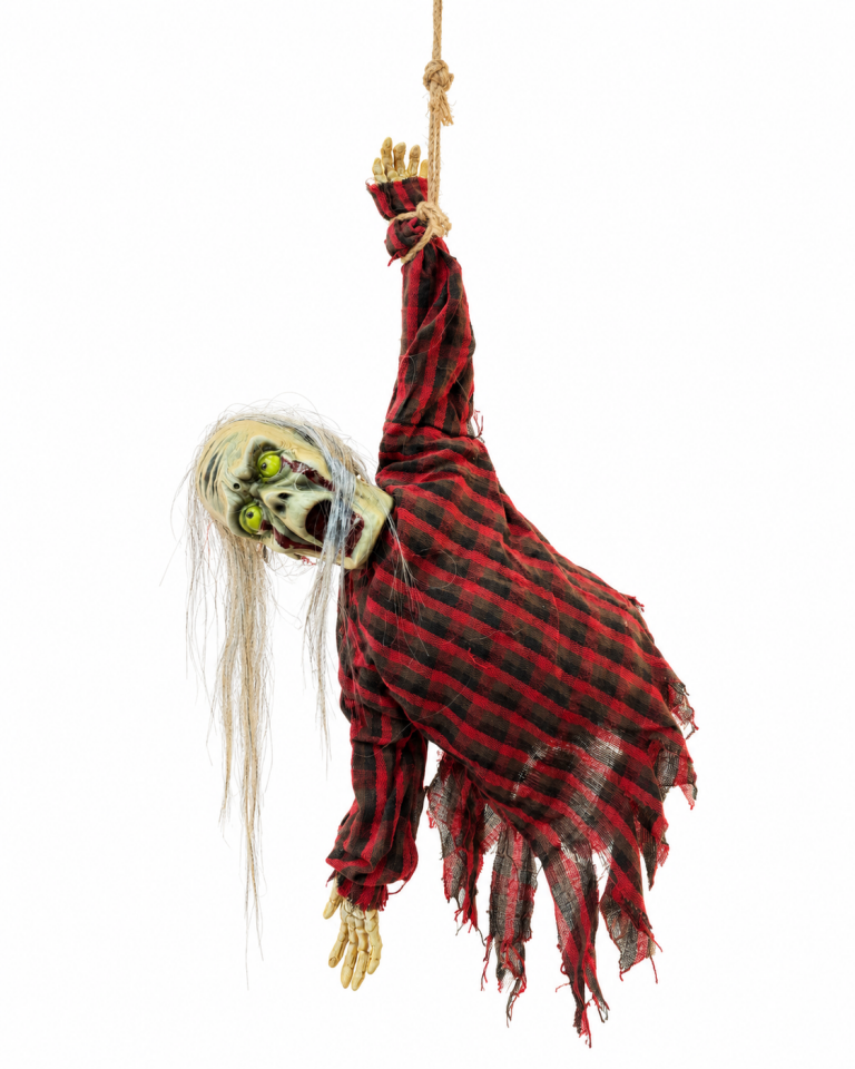 Parti Malzemesi 85 cm Hareketli Sensörlü Sesli Işıklı Tek Koldan Asılı Halloween Asılabilir Korku Figürü Kırmızı