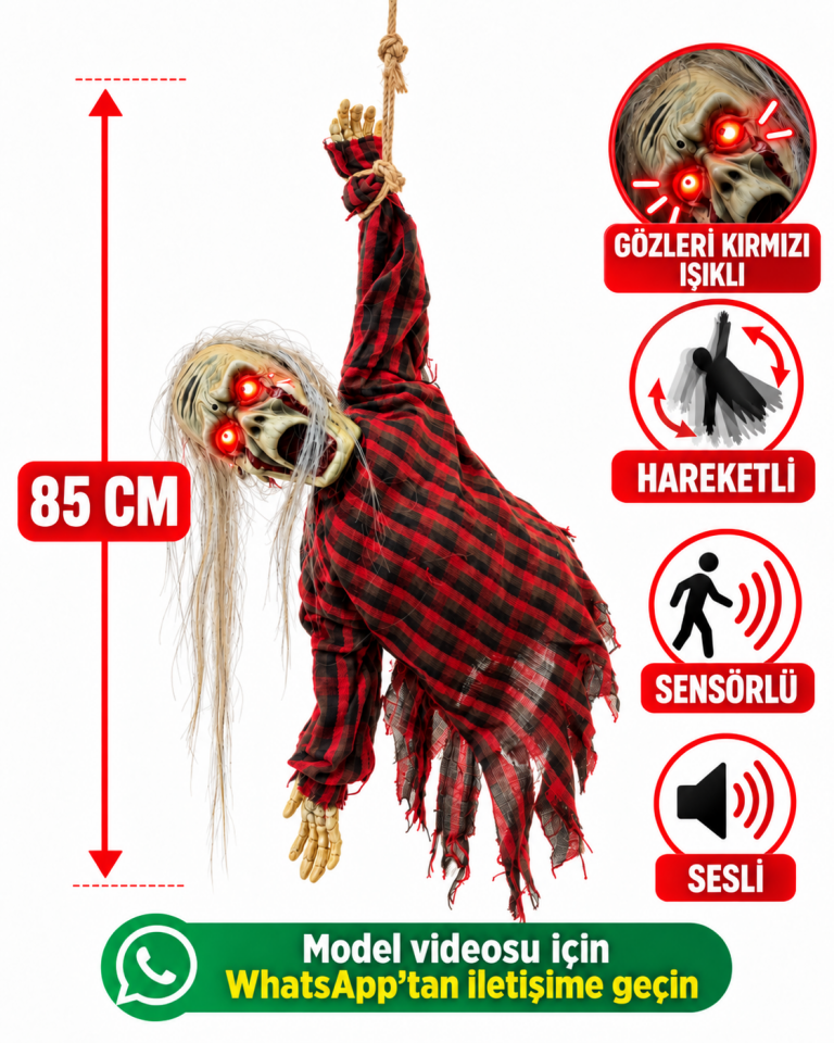 Parti Malzemesi 85 cm Hareketli Sensörlü Sesli Işıklı Tek Koldan Asılı Halloween Asılabilir Korku Figürü Kırmızı