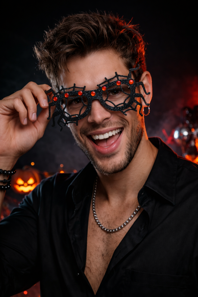 Taşlı Örümcek Parti Gözlüğü Halloween Kostüm Aksesuarı Siyah Eğlence Gözlüğü