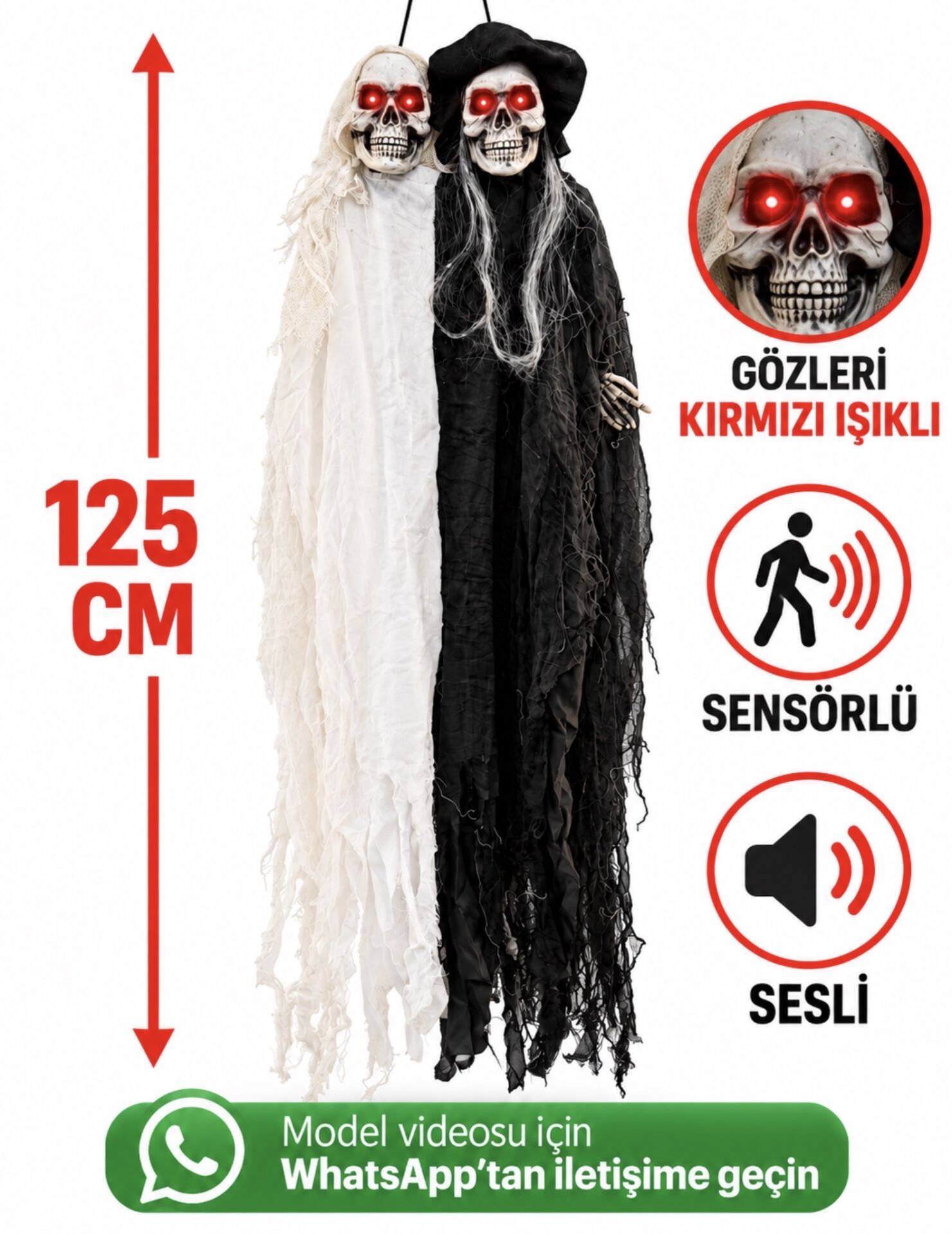 Parti Malzemesİ     125 cm Asılabilir İkili Kuru Kafa İskelet Halloween Dekoru – Işıklı Sesli Sensörlü