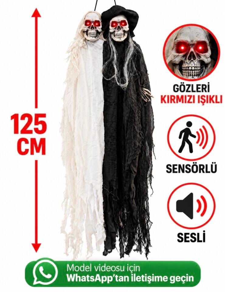Parti Malzemesİ     125 cm Asılabilir İkili Kuru Kafa İskelet Halloween Dekoru – Işıklı Sesli Sensörlü