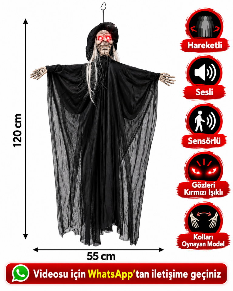 Parti Malzemesi 120 cm Sensörlü Sesli Kırmızı Göz Işıklı Hareketli Hayalet Halloween Dekoru – Kolları Oynayan Asılabilir Korku Figürü Siyah