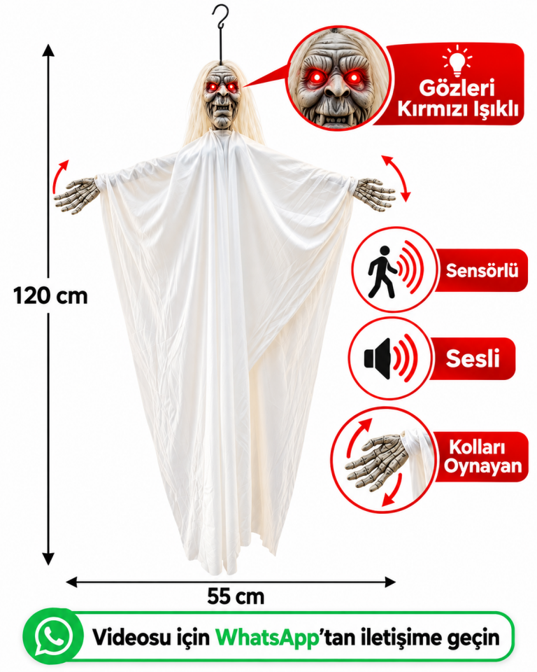 Parti Malzemesi 120 cm Sensörlü Sesli Kırmızı Göz Işıklı Hareketli Hayalet Halloween Dekoru – Kolları Oynayan Asılabilir Korku Figürü Beyaz