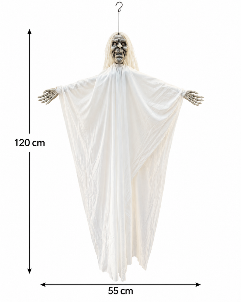 Parti Malzemesi 120 cm Sensörlü Sesli Kırmızı Göz Işıklı Hareketli Hayalet Halloween Dekoru – Kolları Oynayan Asılabilir Korku Figürü Beyaz
