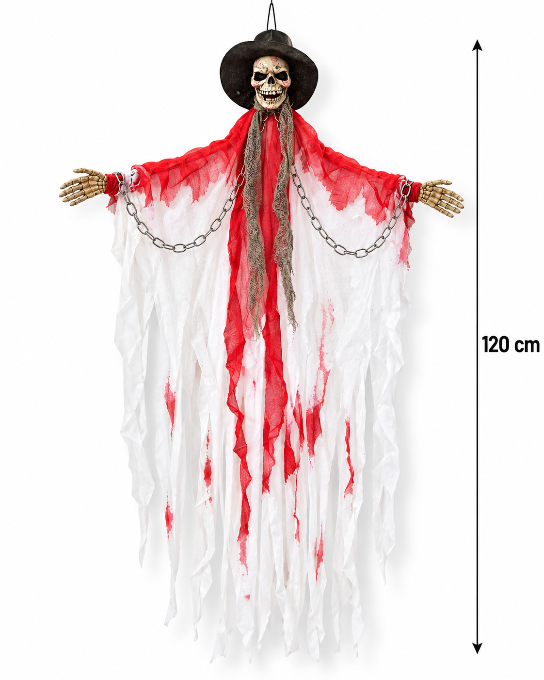 Parti Malzemeleri 120 cm Sensörlü Sesli Kırmızı Göz Işıklı Hareketli İskelet Halloween Dekoru – Kolları Oynayan Asılabilir Korku Figürü