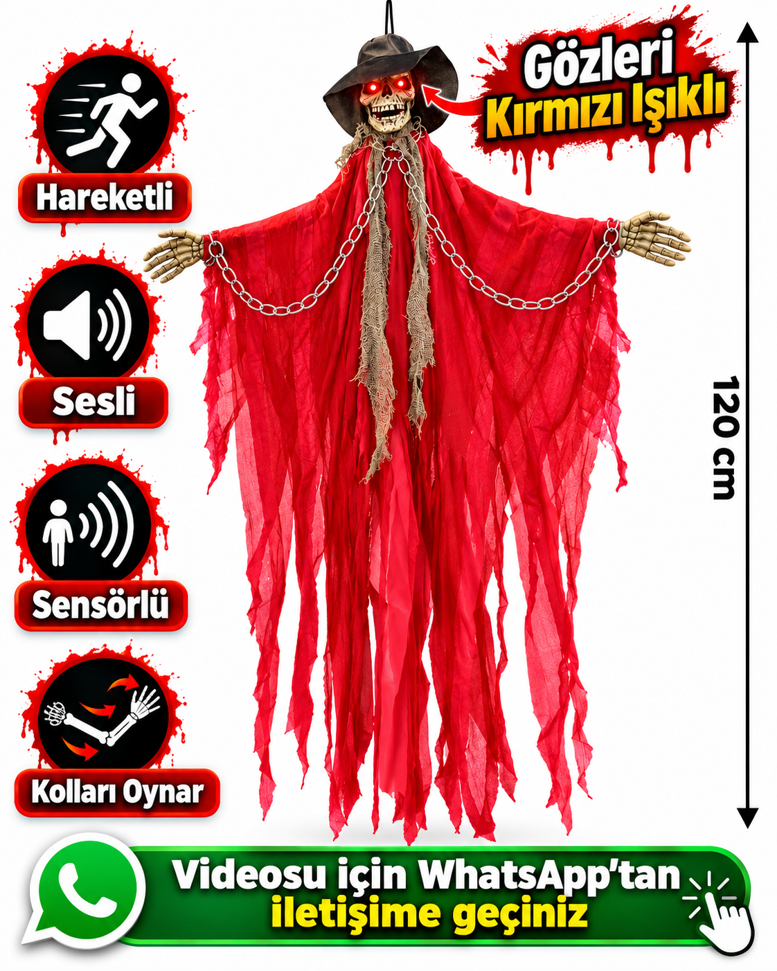 Parti Malzemeleri 120 cm Sensörlü Sesli Kırmızı Göz Işıklı Hareketli İskelet Halloween Dekoru – Kolları Oynayan Asılabilir Korku Figürü kırmızı