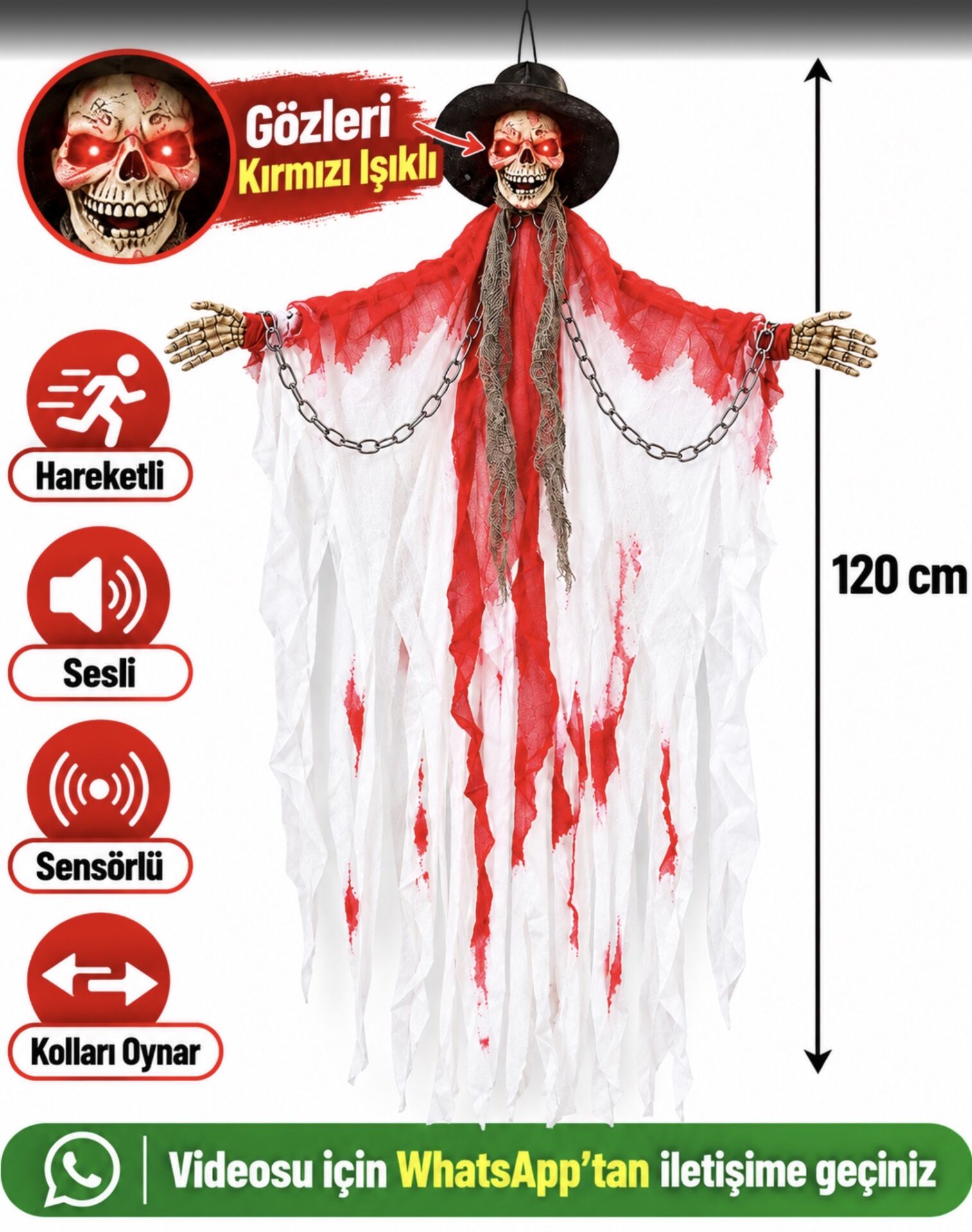 Parti Malzemeleri 120 cm Sensörlü Sesli Kırmızı Göz Işıklı Hareketli İskelet Halloween Dekoru – Kolları Oynayan Asılabilir Korku Figürü beyaz