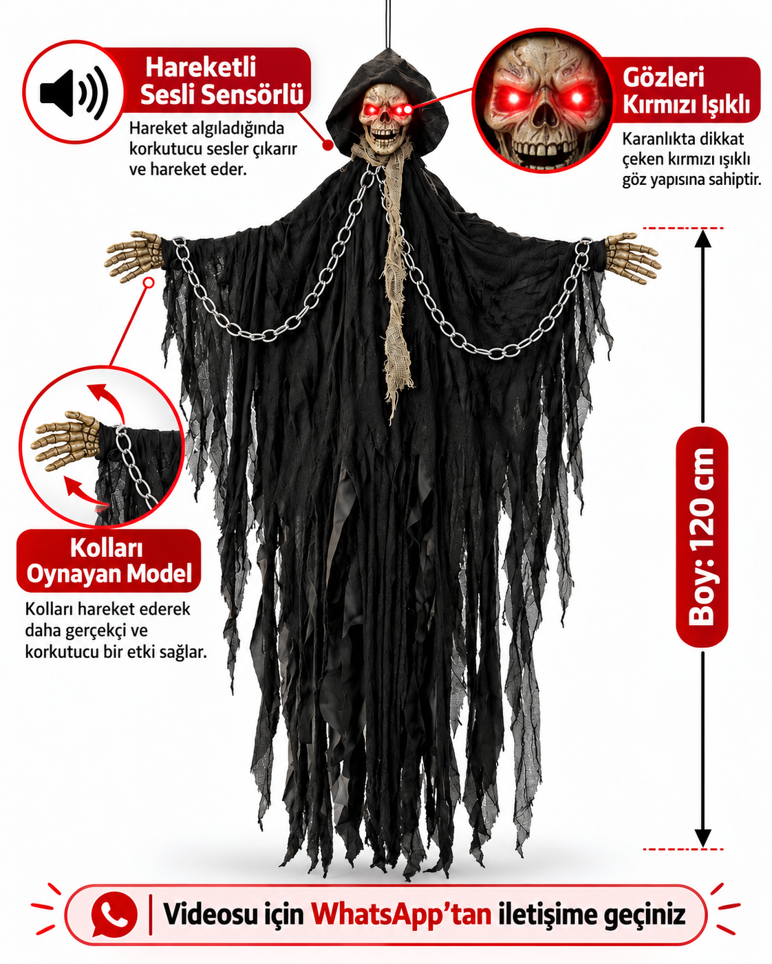 Parti Malzemeleri 120 cm Sensörlü Sesli Kırmızı Göz Işıklı Hareketli İskelet Halloween Dekoru – Kolları Oynayan Asılabilir Korku Figürü siyah