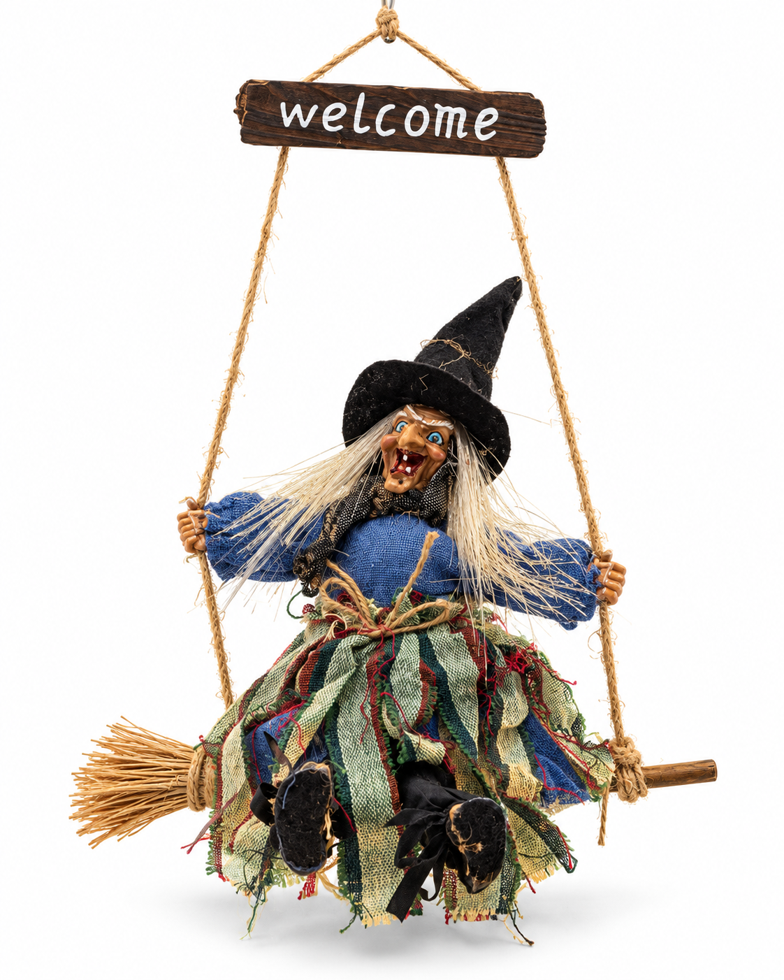 Parti Malzemesi Sallanan Ayaklı Sensörlü Işıklı Sesli Cadı 42 cm Halloween Kapı Süsü – Süpürgeli Hareketli Dekor Mavi