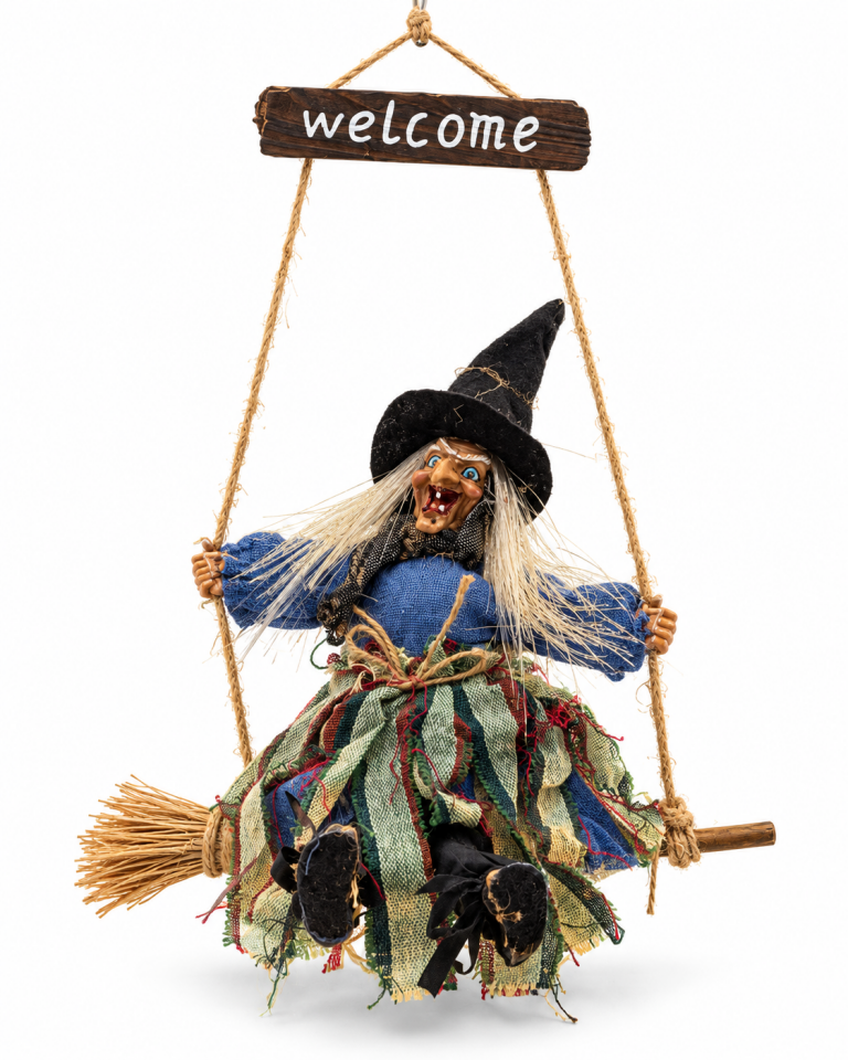 Parti Malzemesi Sallanan Ayaklı Sensörlü Işıklı Sesli Cadı 42 cm Halloween Kapı Süsü – Süpürgeli Hareketli Dekor Mavi