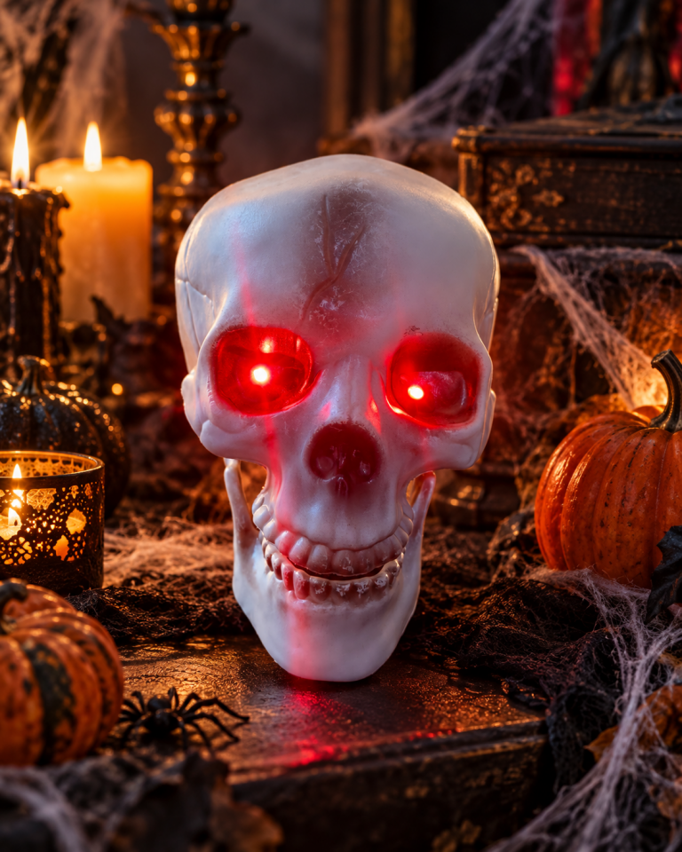 Parti Malzemesi  Halloween Işıklı Kafatası Dekoru – Kırmızı LED Gözlü Masaüstü Kuru Kafa Süsü