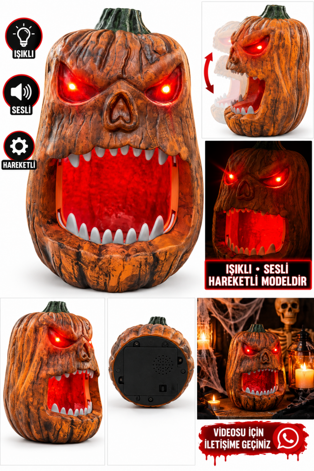 Parti Malzemeleri Halloween Işıklı Sesli Hareketli Balkabağı Dekoru – Kırmızı Gözlü Korku Süsü