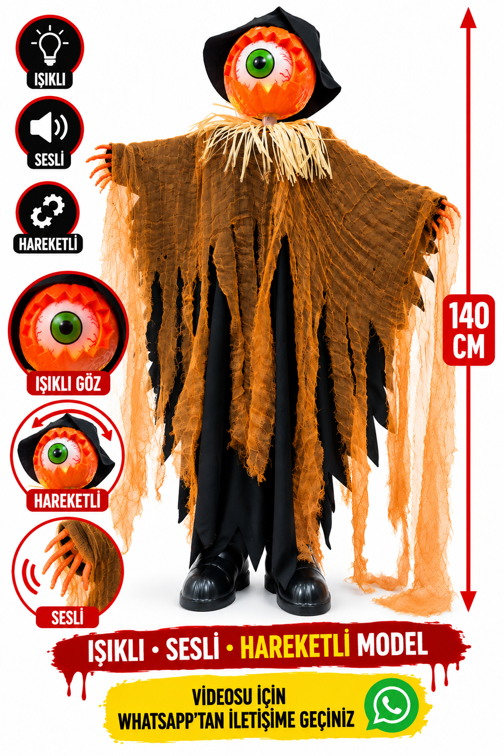 Parti Malzemesi 140 cm Halloween Işıklı Sesli Hareketli Tek Gözlü Korkuluk Figürü – Animasyonlu Cadılar Bayramı Dekoru