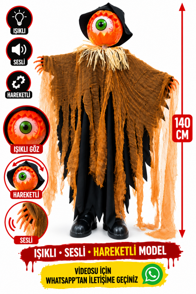 Parti Malzemesi 140 cm Halloween Işıklı Sesli Hareketli Tek Gözlü Korkuluk Figürü – Animasyonlu Cadılar Bayramı Dekoru