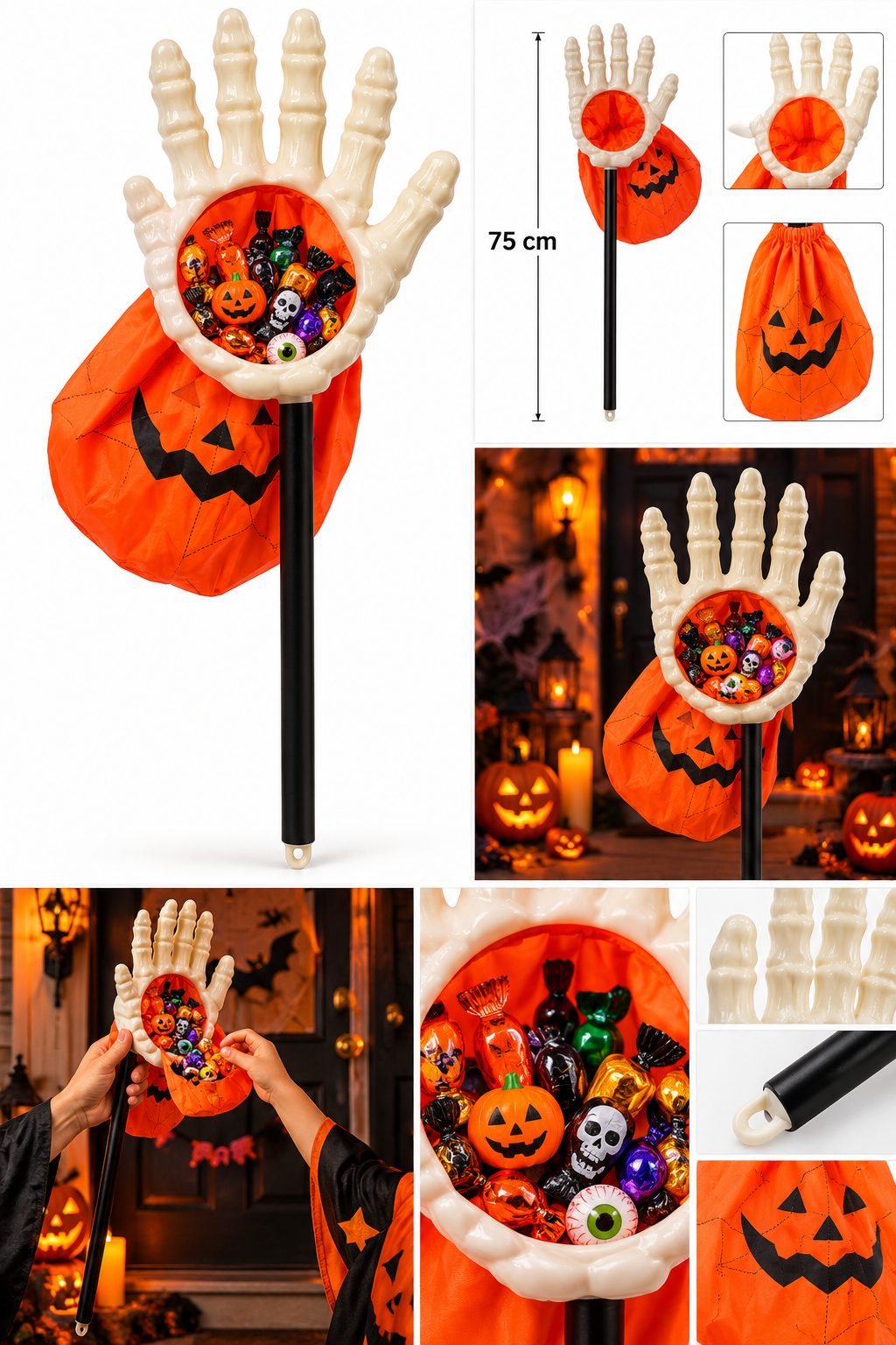 Parti Malzemesi Halloween İ El Şeker Toplama Sopası – Balkabağı Desenli Şeker Torbalı Parti Aksesuarı