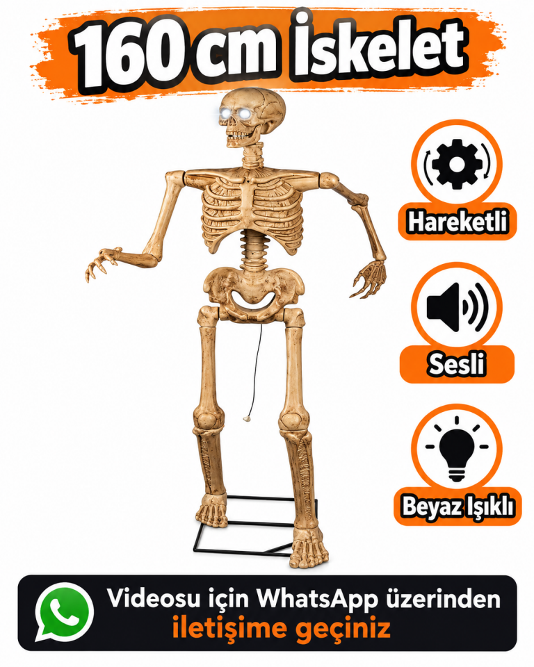 Parti Malzemesi 160 cm Halloween Hareketli Sesli Beyaz Işıklı İskelet Dekoru – Büyük Boy Korku Figürü