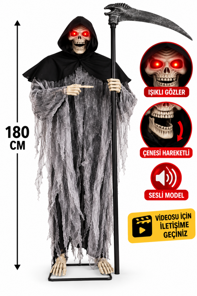 Parti Malzemeleri 180 cm Halloween Çenesi Hareketli Sesli Işıklı Azrail İskelet Figürü – Tırpanlı Büyük Boy Korku Dekoru
