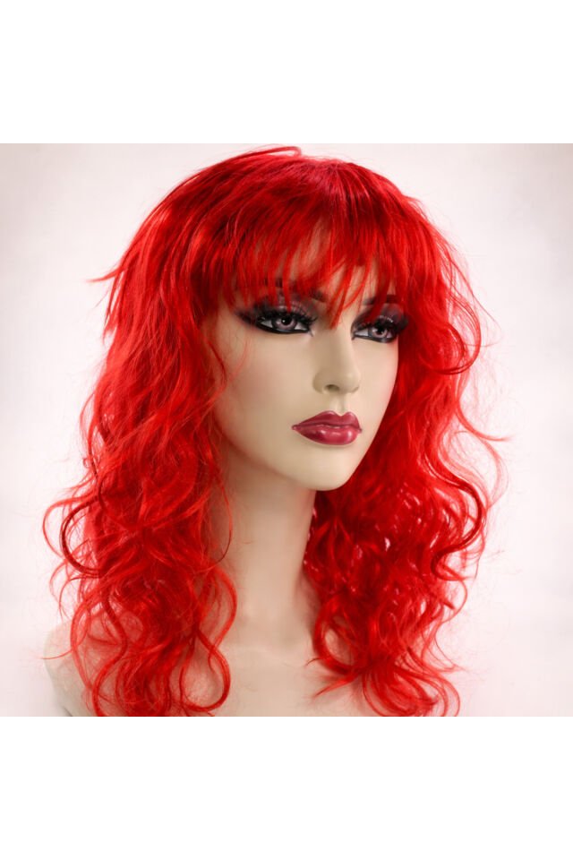 Parti Malzemesi Kırmızı Uzun Dalgalı Peruk – Kaküllü Doğal Görünümlü Cosplay Parti Kadın Peruk