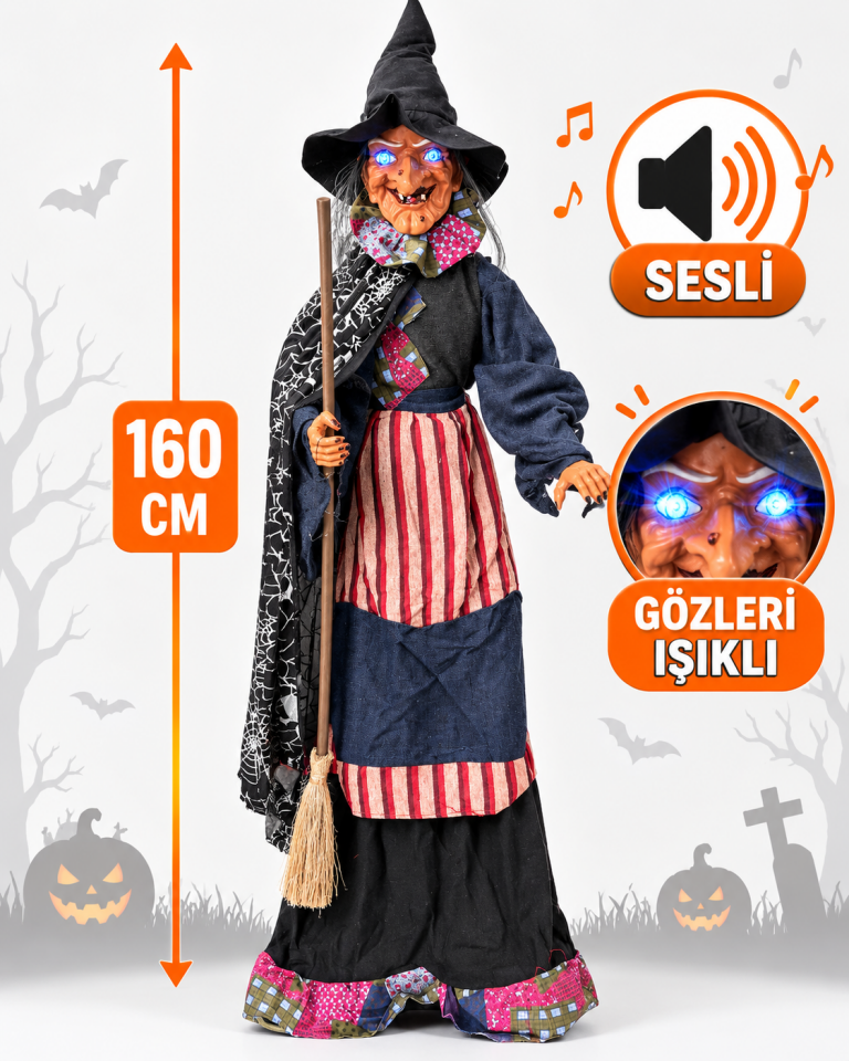 Parti Malzemeleri 160 cm Halloween Sesli Işıklı Gözlü Ayakta Cadı Figürü – Büyük Boy Dekoratif Korku Süsü