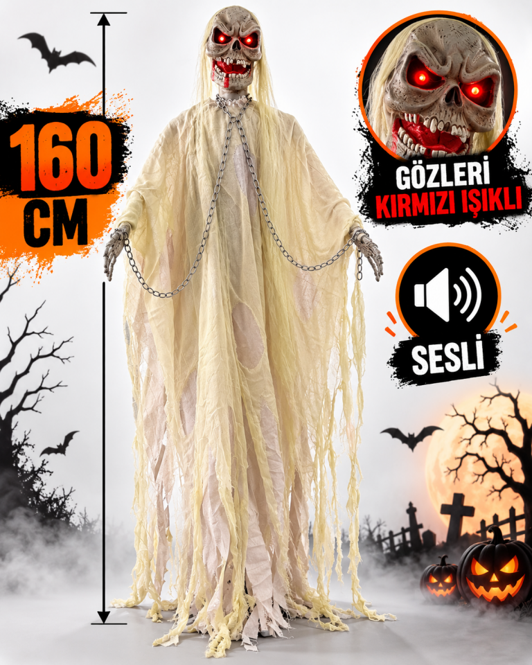 Parti Malzemesi 160 cm Halloween Sesli Kırmızı Işıklı Gözlü Zincirli Hayalet Figürü – Büyük Boy Korku Dekoru