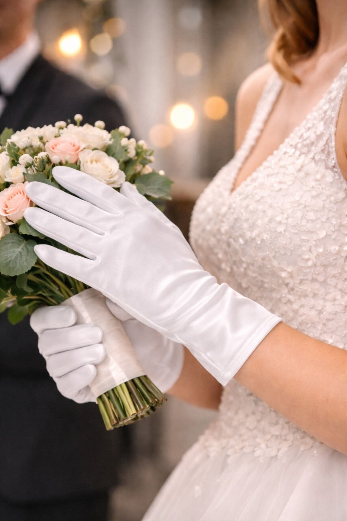 Saten Kısa Beyaz Davet Eldiveni
