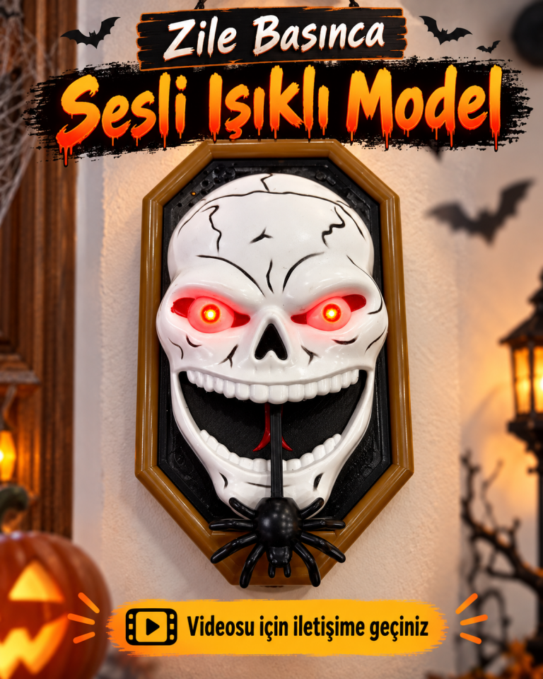 Parti Malzemeleri Halloween Kurukafa Kapı Zili Sesli Işıklı Kırmızı Gözlü Örümcekli Dekoratif Kapı Süsü