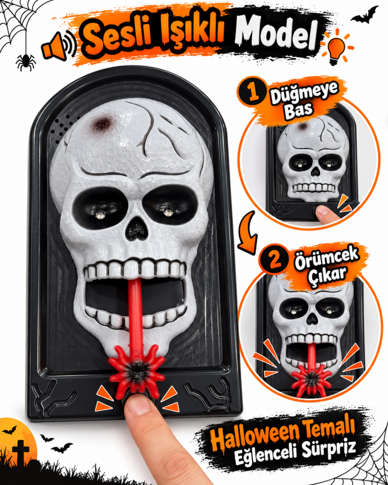 Parti Malzemesi Halloween Sesli Işıklı  Kurukafa Kapı Zili – Düğmeye Basınca Örümcek Çıkan Hareketli Halloween Süsü