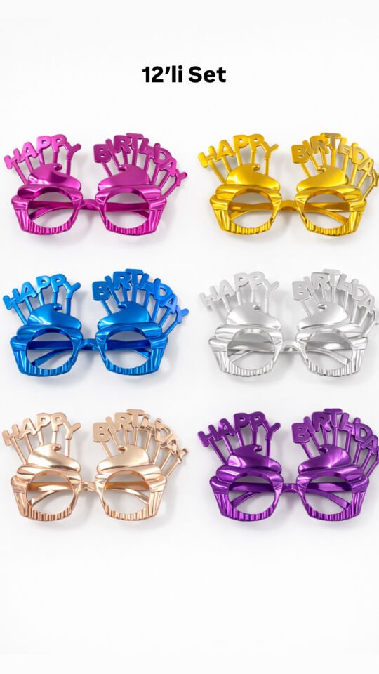 Parti Malzemesi Happy Birthday Parti Gözlüğü 12’li Set Metalik Renkli Doğum Günü Gözlüğü