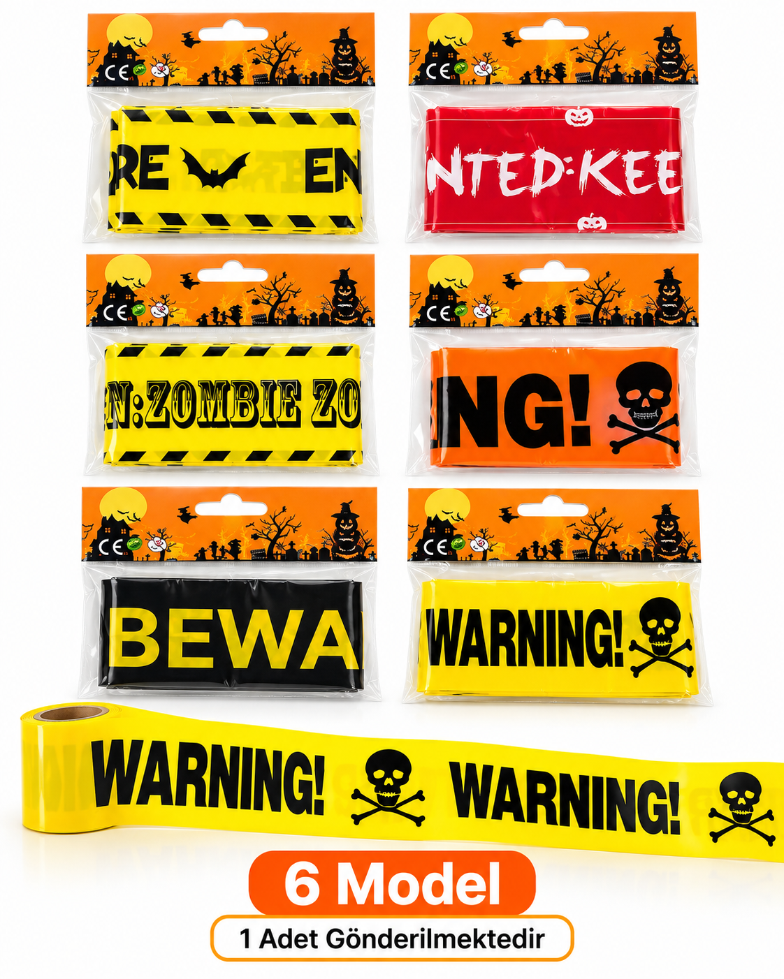 Parti Malzemesi Halloween Olay Yeri İnceleme Şeridi 5 Metre – Warning Zombie Beware Dekor Şeridi Karışık Model 1 Adet