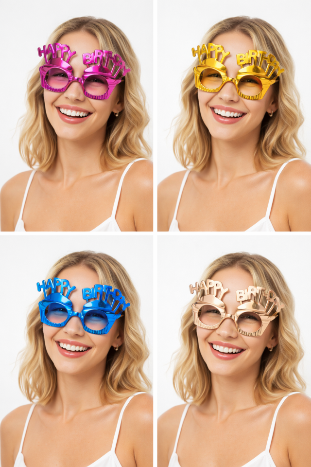 Happy Birthday Parti Gözlüğü 12’li Set Metalik Renkli Doğum Günü Gözlüğü