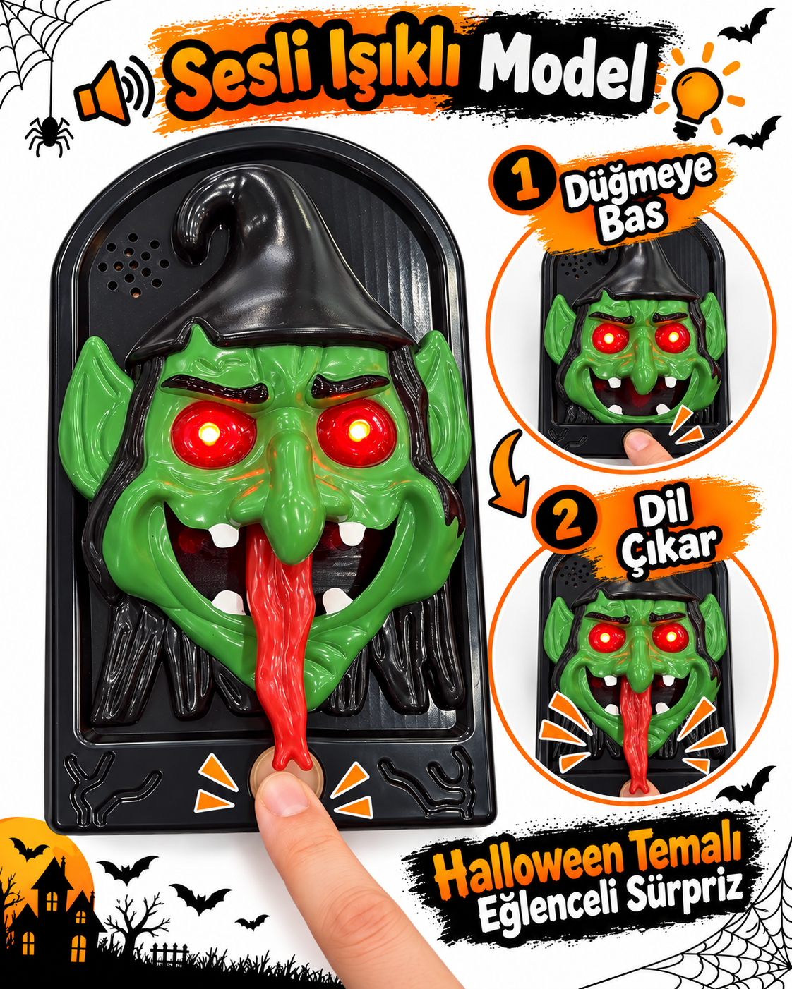 Parti Malzemesi Halloween Sesli Işıklı Cadı Dekoru – Düğmeye Basınca Dili Çıkan Hareketli Korku Süsü
