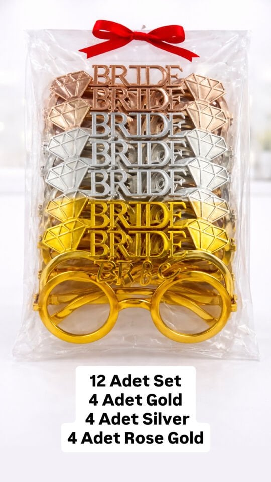 12’li Bride To Be Taşlı Parti Gözlüğü – Yuvarlak Çerçeve Bekarlığa Veda Gözlüğü (Gold, Silver, Rose Gold)