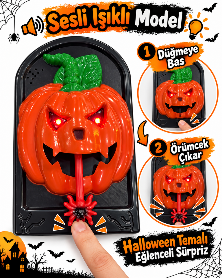 Parti Malzemeleri Halloween Sesli Işıklı Balkabağı Kapı Zili Dekoru – Düğmeye Basınca Örümcek Çıkan Hareketli Halloween Süsü
