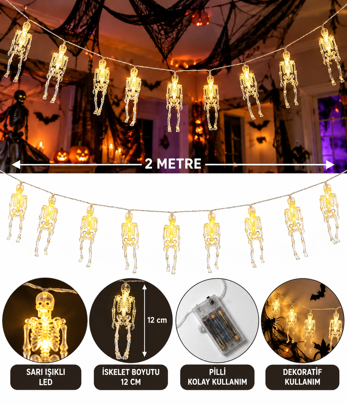 Parti Malzemesi Halloween Işıklı İskelet LED Dekor 2 Metre – Sarı Işıklı Asmalı İskelet Süs Parti Dekorasyonu