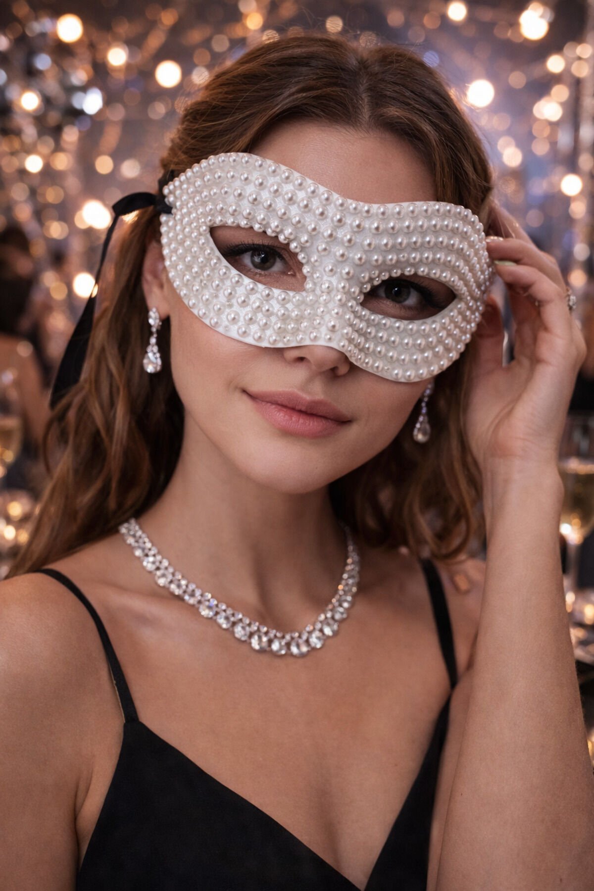 İnci Detaylı Parti Maskesi Beyaz Kadın Maske Balo Halloween ve Davet Aksesuarı