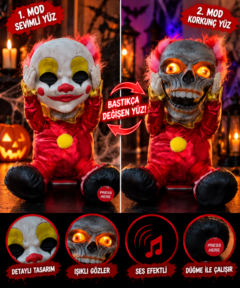 Parti Malzemeleri Halloween Cee Yapan Korkunç Bebek – Maskesi Açılan Sesli Işıklı Hareketli Palyaço Dekoru