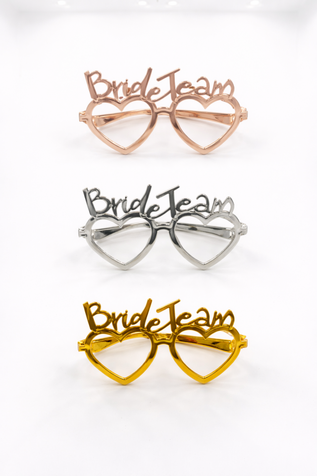 Bride Team Kalp Şekilli Parti Gözlüğü 12’li Set – Gold, Silver, Rose Gold Bekarlığa Veda Gözlüğü