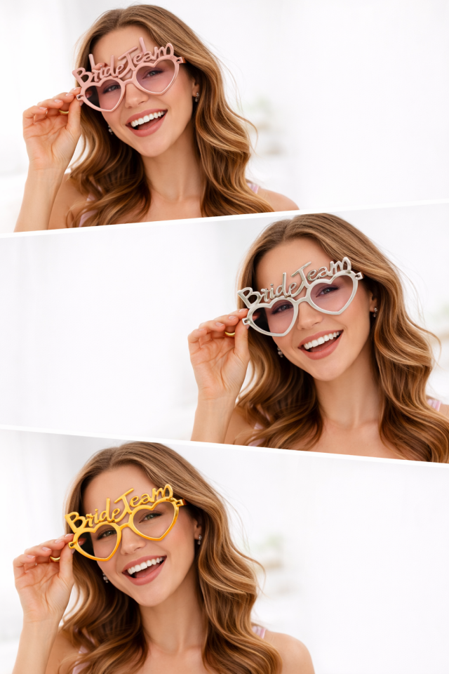Bride Team Kalp Şekilli Parti Gözlüğü 12’li Set – Gold, Silver, Rose Gold Bekarlığa Veda Gözlüğü