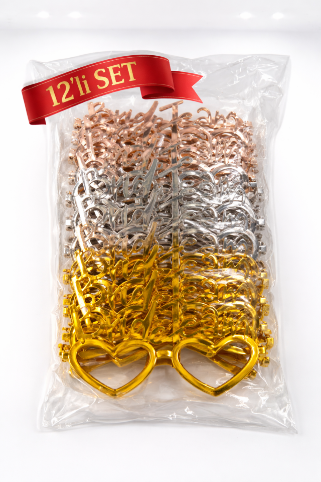 Bride Team Kalp Şekilli Parti Gözlüğü 12’li Set – Gold, Silver, Rose Gold Bekarlığa Veda Gözlüğü