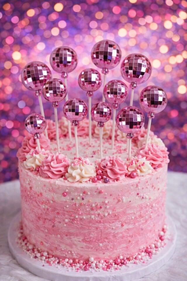 Pembe Disko Top Pasta Süsü Seti – Aynalı Pasta Üstü Parti Dekoru