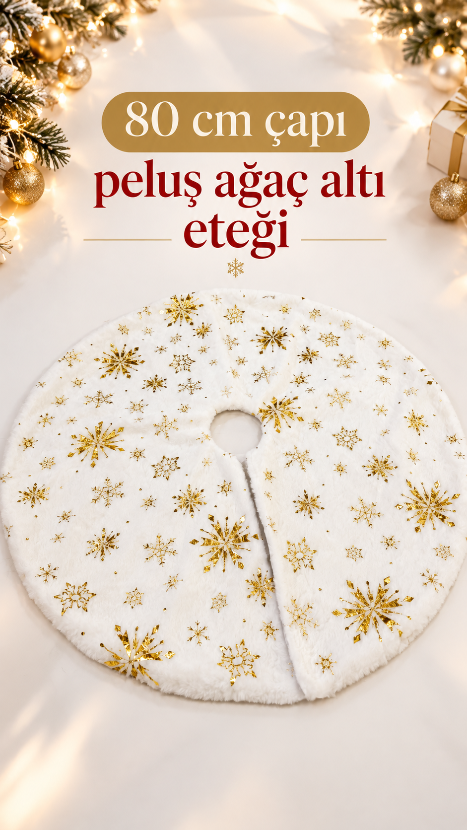 Parti Malzemeleri 80 cm Peluş Çam Ağacı Altı Eteği Beyaz Gold Kar Tanesi Desenli Yılbaşı Ağacı Altı Örtüsü